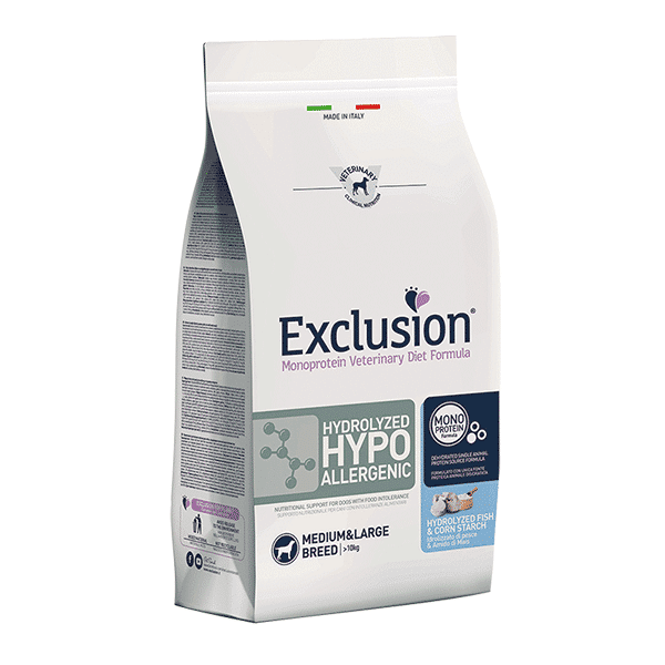 Exclusion Hydrolyzed Hypoallergenic šunų maistas su žuvimi didelių / vidutinių veislių šunims