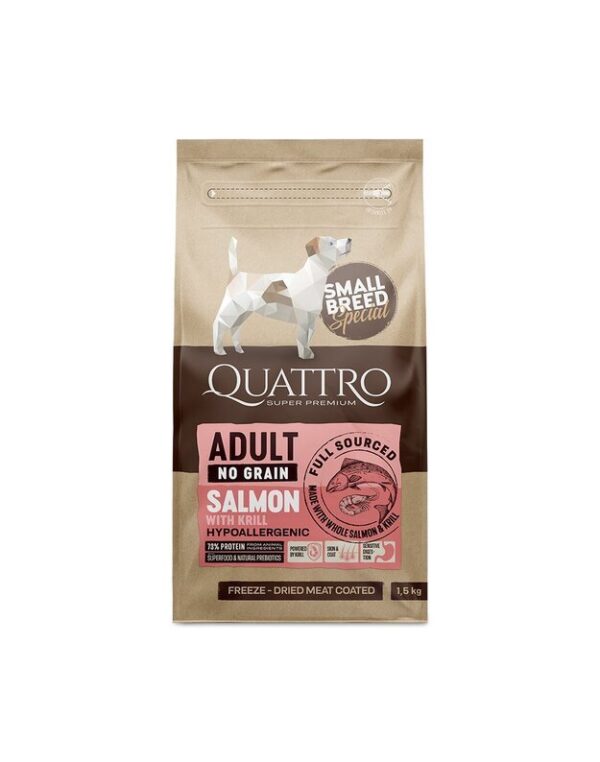 QUATTRO Small Breed Adult sausas begrūdis hipoalerginis maistas su lašiša ir kriliu