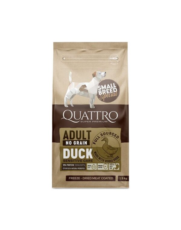 QUATTRO Small Breed Adult sausas begrūdis maistas su antiena