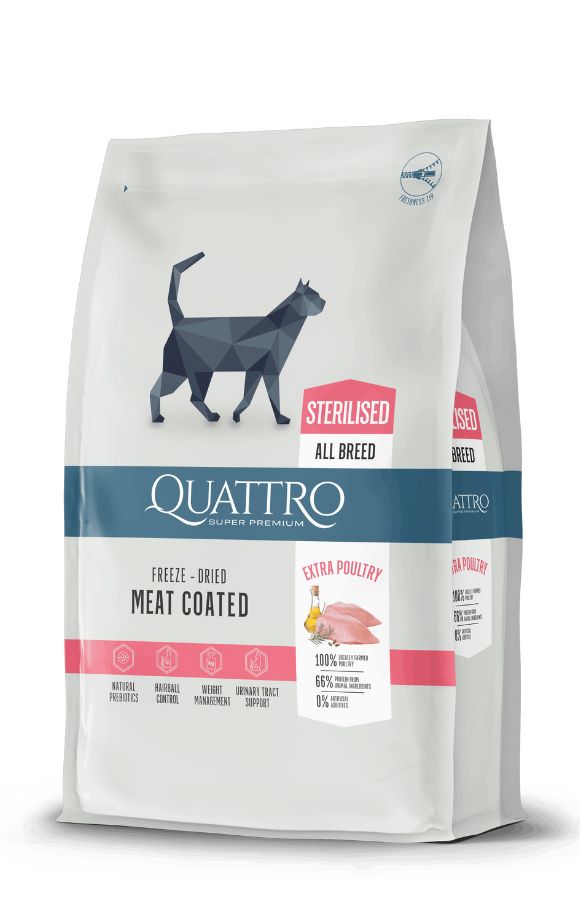 QUATTRO Sterilized sausas sterilizuotų kačių pašaras su paukštiena, 1,5 kg