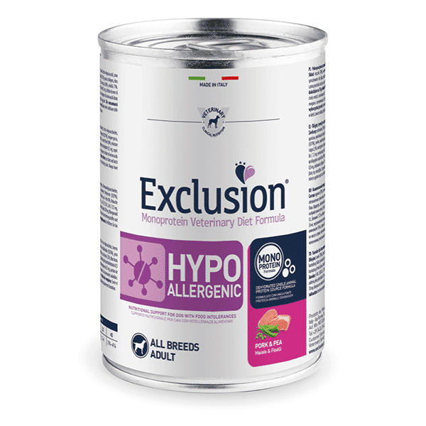 Exclusion Hypoallergenic konservai šunims su kiauliena ir žirniais - 400g.