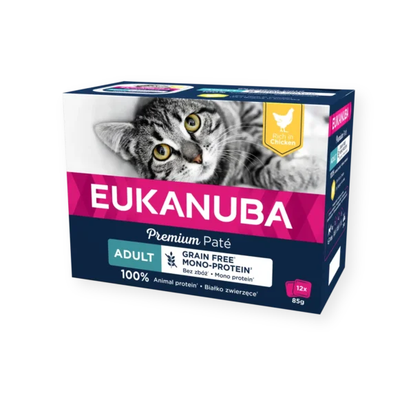 Eukanuba Grain Free Adult Chicken Cat 12x85 g šlapias maistas katėms su vištiena