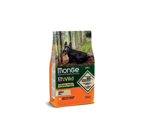 Monge Grain Free Mini Adult Duck sausas pašaras šunims 2,5 kg