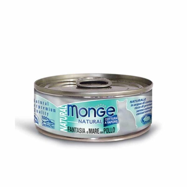 Monge kons. pašaras katėms su gardžiomis jūros gėrybėmis ir vištiena 80g