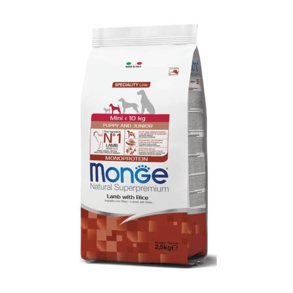 Monge Monoprotein Line Mini Puppy & Junior maistas šuniukams su ėriena ir ryžiais