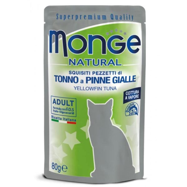 Monge Natural konservuotas pašaras suaugusioms katėms, geltonpelekio tuno kąsneliai želėje 80g
