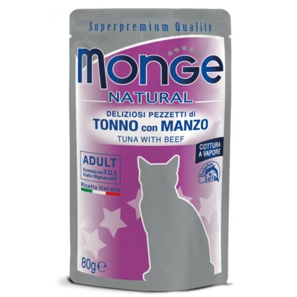 Monge Natural konservuotas pašaras suaugusioms katėms, tunas ir jautiena 80g