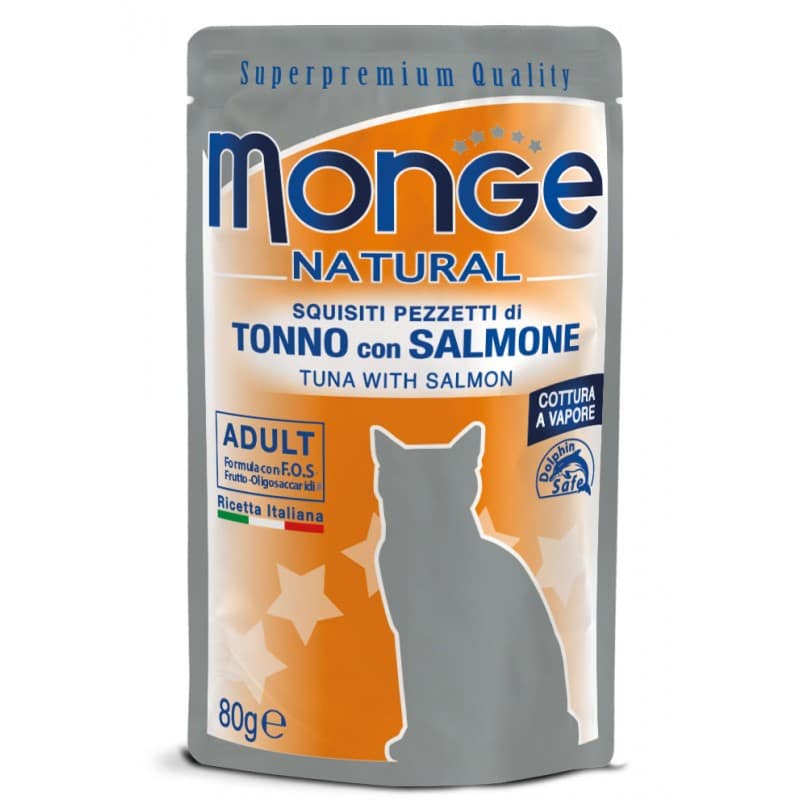 Monge Natural konservuotas pašaras suaugusioms katėms tunas, lašiša želėje 80g