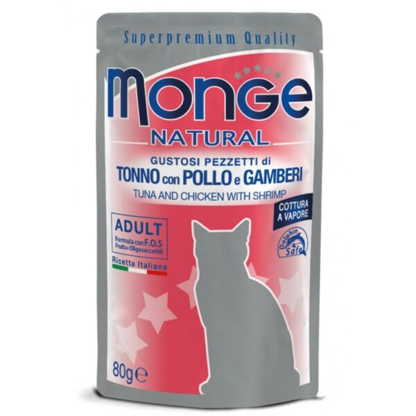 Monge Natural konservuotas pašaras suaugusioms katėms tuno ir vištienos kąsneliai su krevetėmis želėje 80g