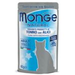 Monge Natural konservuotas pašaras suaugusioms katėms tunas, lašiša želėje 80g
