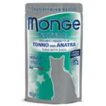 Monge Natural konservuotas pašaras suaugusioms katėms tuno kąsneliai su antiena želėje 80g