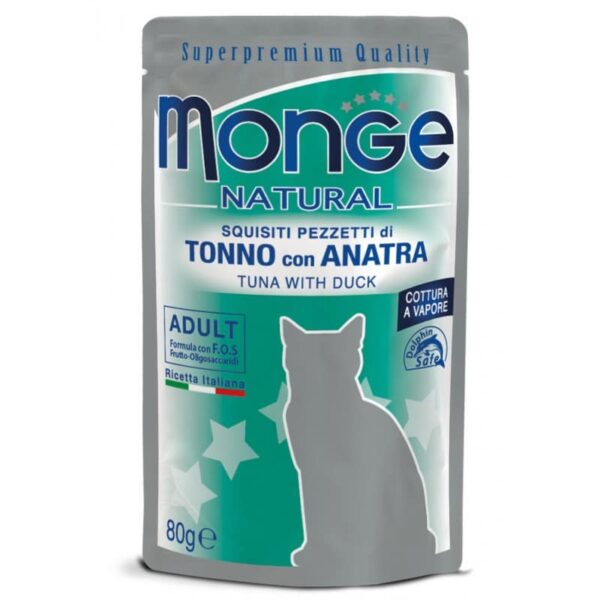 Monge Natural konservuotas pašaras suaugusioms katėms tuno kąsneliai su antiena želėje 80g