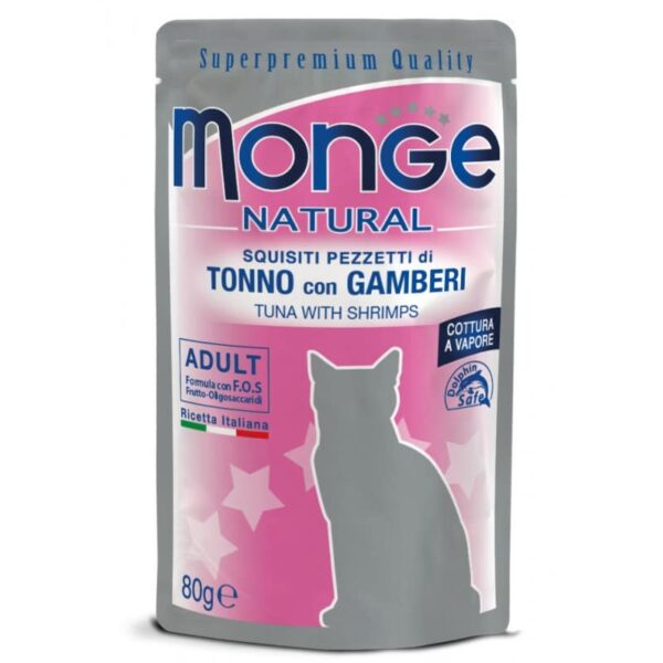 Monge Natural konservuotas pašaras suaugusioms katėms tuno kąsneliai su krevetėmis želėje 80g