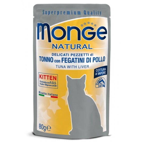 Monge Natural konservuotas pašaras kačiukams su skaniais tuno kąsneliais ir vištienos kepenėlėmis, virtais garuose 80g