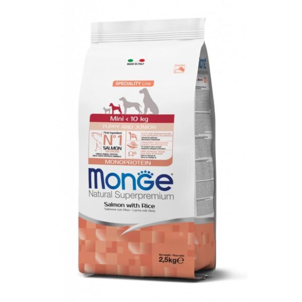Monge Spec. Line Monoprotein Mini Puppy pašaras jauniems šuniukams su lašiša ir ryžiais