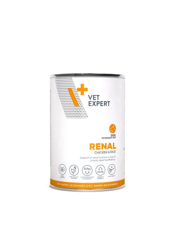 VetExpert 4T Vet. Diet Renal Chicken & Rice konservai šunims inkstų nepakankamumui 400g