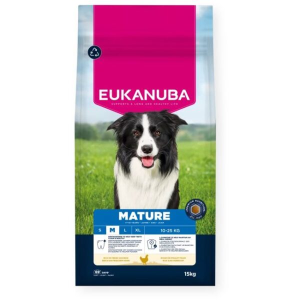 Eukanuba Base sausas maistas vidutinių veislių vyresnio amžiaus šunims su vištiena 15kg