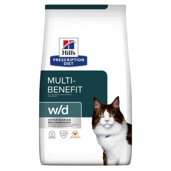 Hill’s Prescription Diet® w/d Multi-Benefit svorio reguliavimui, virškinimo sistemai, šlapimo sistemai gliukozės kiekio kraujyje reguliavimui
