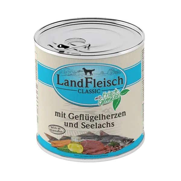 LandFleisch classic konservai šunims su paukščių širdimis, menke ir daržovėmis 800g