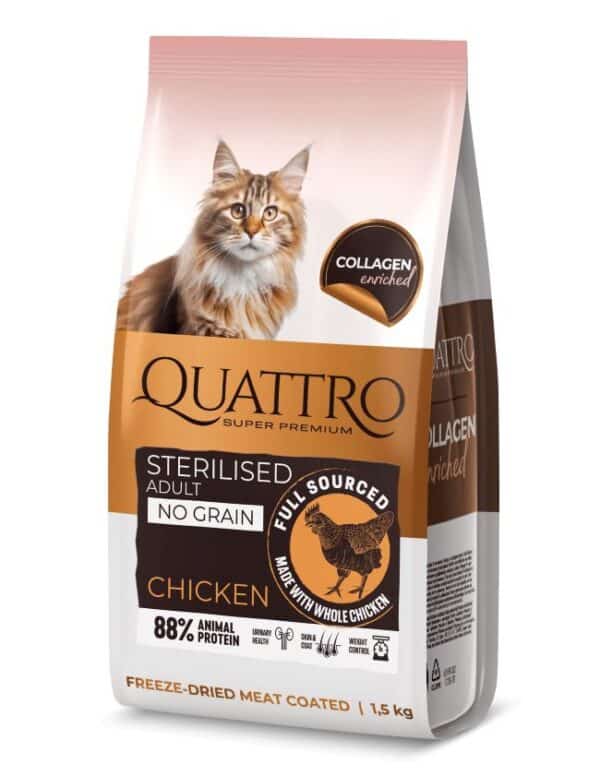 QUATTRO Collagen Sterilised Chicken maistas sterilizuotoms katėms su vištiena