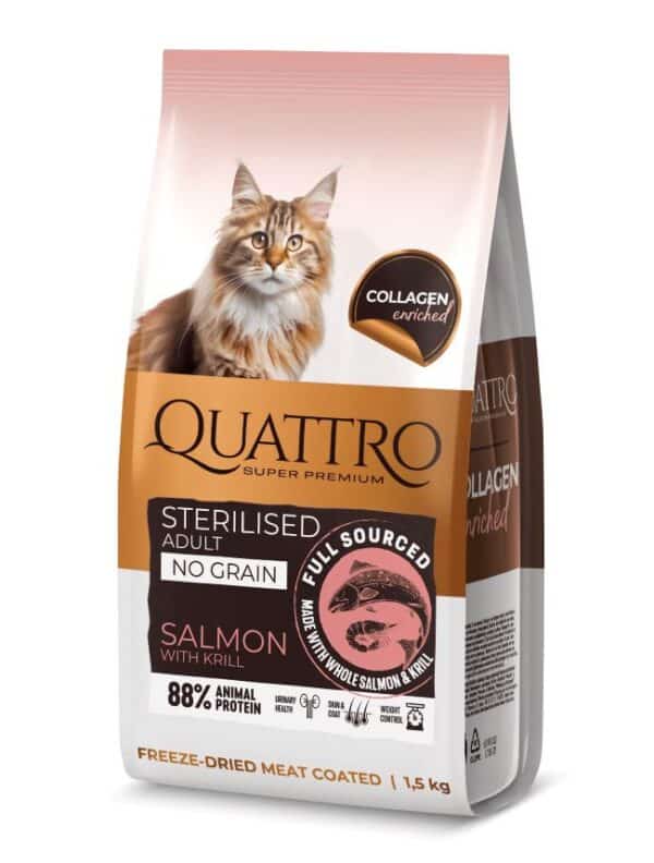 QUATTRO Collagen Sterilised Salmon maistas sterilizuotoms katėms su lašiša ir kriliu