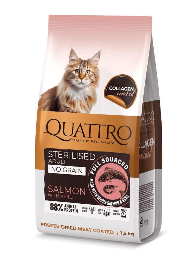 QUATTRO Collagen Sterilised Salmon maistas sterilizuotoms katėms su lašiša ir kriliu QUATTRO Collagen Sterilised Salmon maistas sterilizuotoms katėms su lašiša ir kriliu