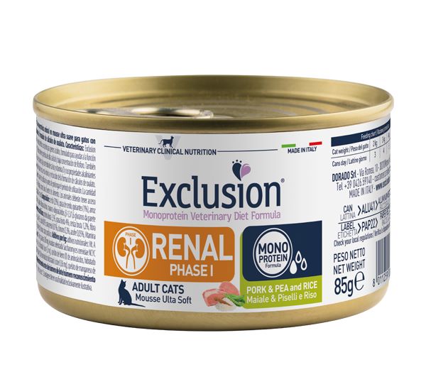 Exclusion Renal Diet Phase I konservai katėms su kiauliena, žirniais ir ryžiais 85g