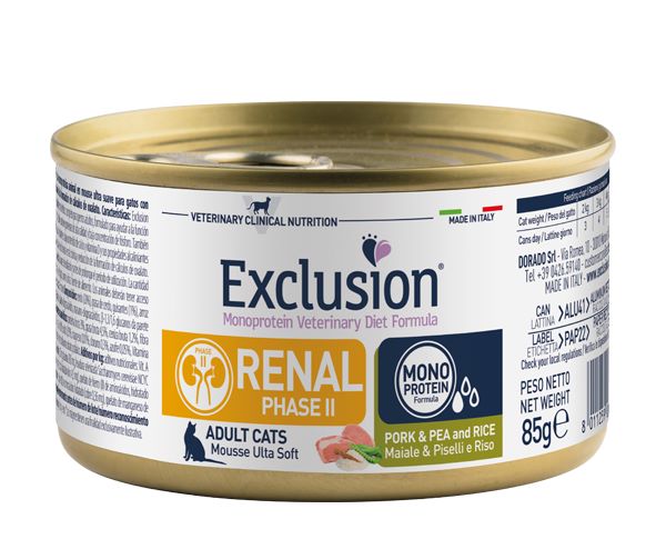 Exclusion Renal Diet Phase II konservai katėms su kiauliena, žirniais ir ryžiais 85g