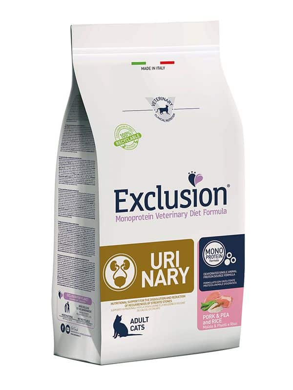 Exclusion Urinary sausas maistas katėms su kiauliena, žirniais, ryžiais 1,5kg