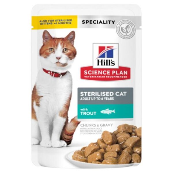 Hill’s SP Feline Adult Sterilised Trout Pouch sterilizuotoms katėms su upėtakiu 12x85g