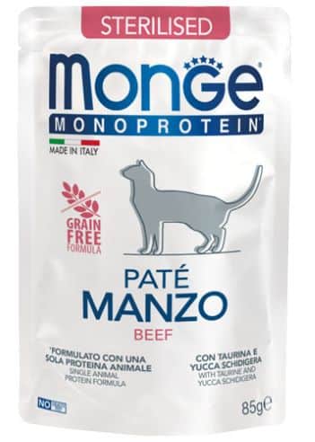 Monge Monoprotein konservas sterilizuotoms katėms su jautiena 85g Monge Monoprotein konservas sterilizuotoms katėms su jautiena 85g